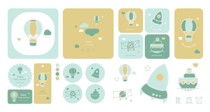 Ensemble graphique vectoriel pour c&eacute;l&eacute;brer l&rsquo;arriv&eacute;e d&rsquo;un b&eacute;b&eacute;. Comprend quatre illustrations adapt&eacute;es aux invitations, faire-part, stickers, labels et projets de papeterie.