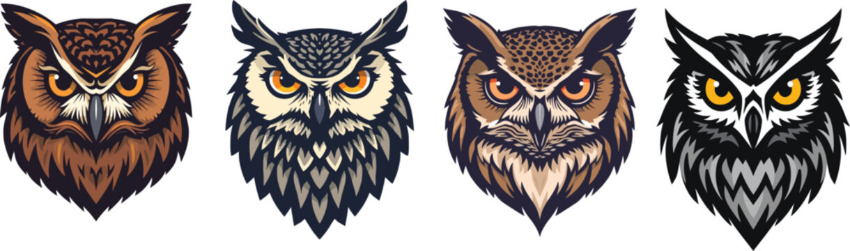 Four stylized owl faces with pixel art details