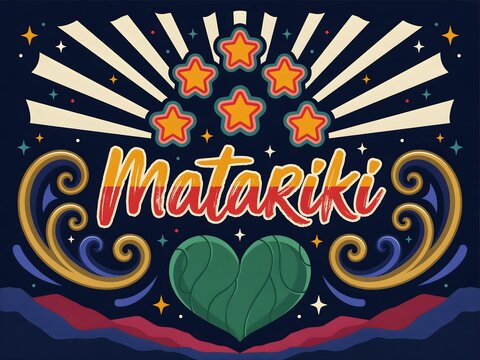 Colorful matariki celebration design with stars and heart shape