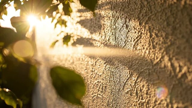 Sunlight filtering through leaves onto textured wall