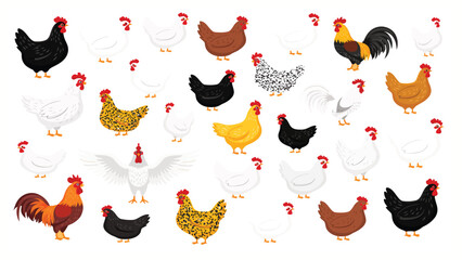Chicken and rooster vector illustration mega set with various poultry breeds isolated on white background © SOHAG