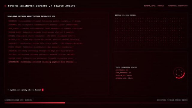 Secure Perimeter Defense Firewall Reinforced Zero Trust Network ISO27001 Compliance Terminal Dashboard Animation.