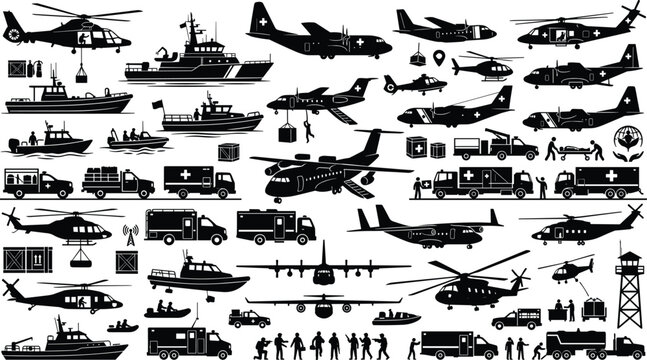 Military Medical Evacuation and Humanitarian Disaster Relief Silhouette Set Featuring Ambulances, Rescue Helicopters, Cargo Planes, Coast Guard Ships, and Personnel Vector Elements