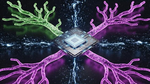 Advanced AI neural network processor connecting digital dendrites for machine learning and deep learning, simulating brain functions, driving innovation, and enabling future smart technology and big..