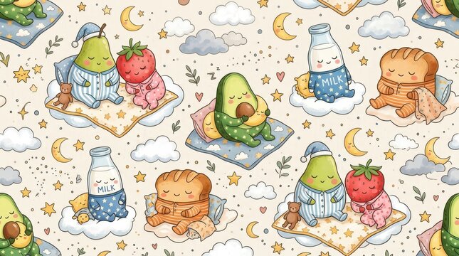 Cartoon fruits and bread sleep in pajamas on clouds with stars and moons in a night sky