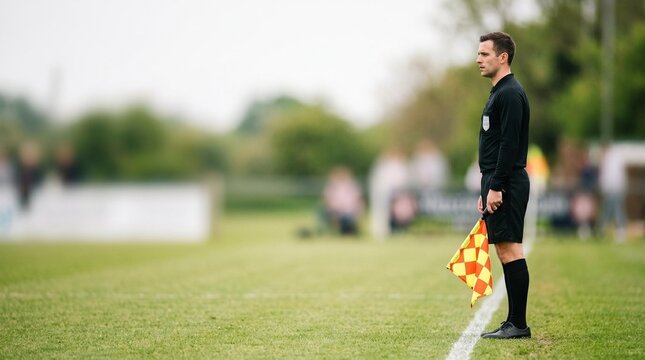 Male assistant referee standing on sideline during soccer match