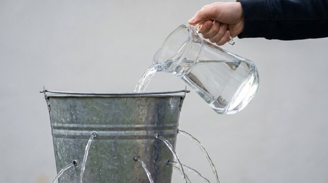 Wasted Effort Concept, Hand Pouring Water Into Leaky Metal Bucket