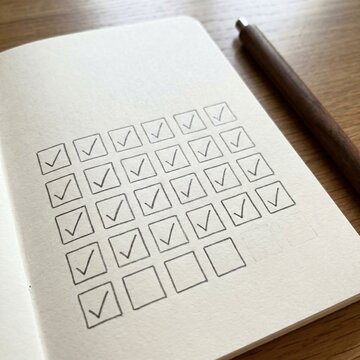 Almost Done Concept, Notebook Page Filled with Hand Drawn Checkmarks and Pen