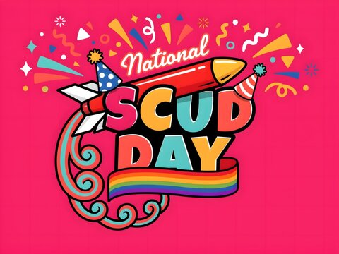 Colorful national scud day celebration with rocket and party elements
