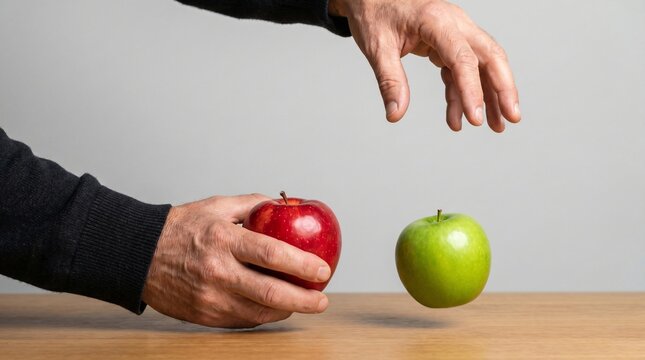 Difficult Choice Concept, Hand Reaching for Floating Green Apple Beside Red