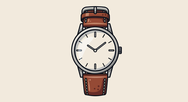 A simple illustration of a classic analog wristwatch with a brown leather strap.
