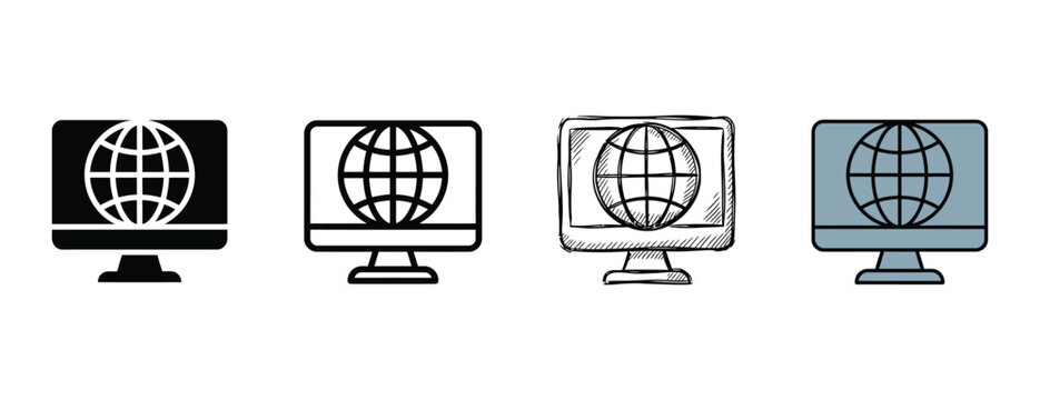 Four computer monitors displaying globe icons in various styles including line art sketch and color options isolated on transparent background