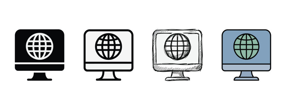 Four computer monitors displaying globe icons in various styles including solid black white sketch and blue designs isolated on transparent background