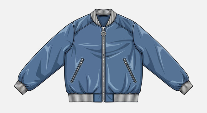 Blue bomber jacket with zipper pockets illustration isolated on white background