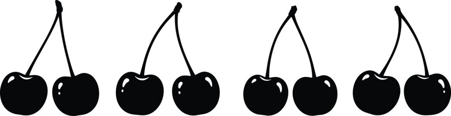 Sweet cherry berry fruit pair silhouette vector icon collection set with stem and shine for dessert menu branding design. © Olivia