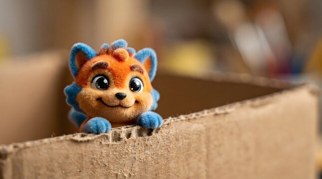 Cute furry fox toy peeking out of corrugated cardboard box