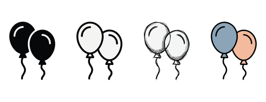 Four sets of balloons in various styles including solid black white sketchy and colorful designs perfect for celebrations events and festive decorations isolated on transparent background