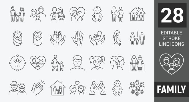 Family icon set. Contain icons related to parenthood, grandparents, children, adoption, and more. Editable stroke. Vector illustration