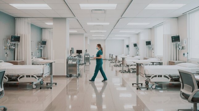 Nurse walking through modern hospital ward with rows of beds and medical equipment