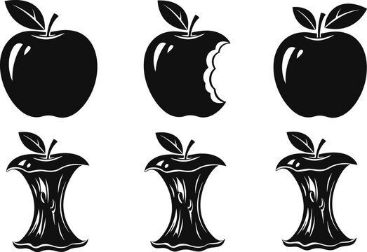 Whole fresh apple with bitten fruit and apple core silhouette vector icon set for organic food waste graphic design.