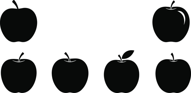 Fresh apple fruit silhouette vector icon collection set with leaf stem and shine for healthy organic food branding grocery design.