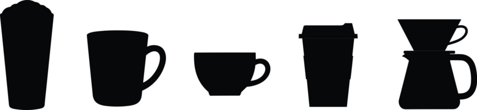 Coffee maker cup mug and takeaway glass silhouette vector collection set for cafe restaurant menu graphic template design.