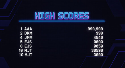 Fototapeta premium High scores list on a digital leaderboard screen with rankings and points showcasing top ten gamers with their scores in a competitive gaming environment.