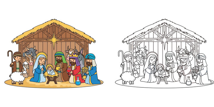 Nativity Scene Illustration with Mary Joseph Baby Jesus Three Wise Men and Shepherds in Stable under Bethlehem Star, Set of Color and Line Art Coloring Page for Kids Vector