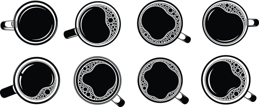 Americano coffee cup top view vector icon set with crema bubbles for cafe restaurant menu graphic template design.