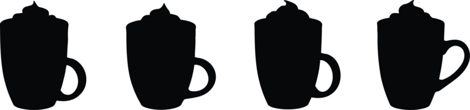 Coffee mug with whipped cream topping silhouette vector set for winter hot chocolate cafe restaurant menu graphic template design.