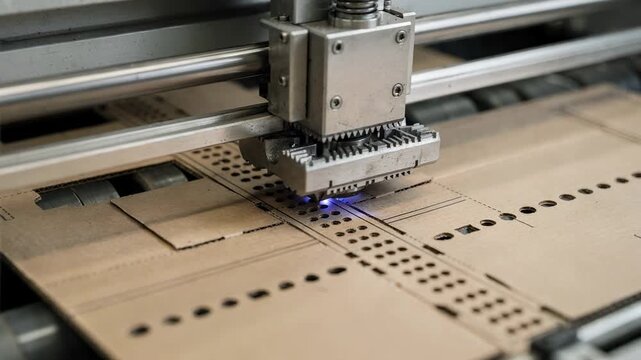 Dynamic medium shot focusing on perforation die cutting in packaging creating tear lines and ventilation holes to improve usability and air circulation in product boxes.