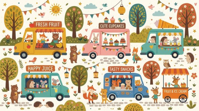 Cartoon animals operate food trucks and carts at a lively outdoor market selling snacks and drinks