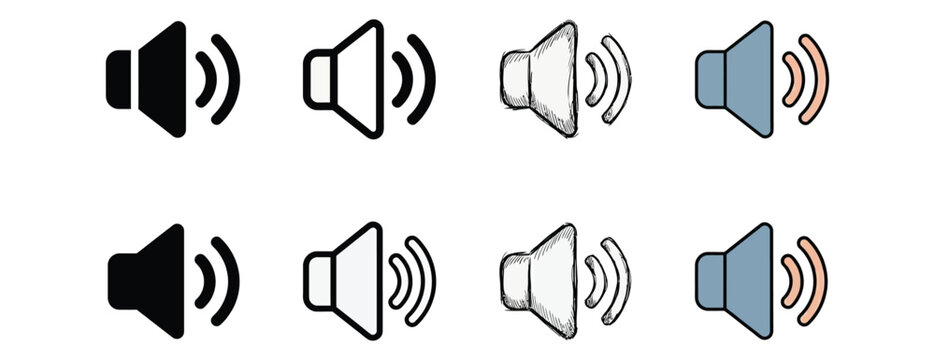 Sound speaker icons collection featuring various styles and colors isolated on transparent background ideal for web design user interfaces and multimedia applications