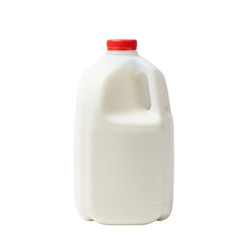 Pristine HDPE gallon plastic jug with fresh opaque white milk and a bright red cap, subtle condensation, on an infinity white background with a soft shadow. Concept for dairy advertising