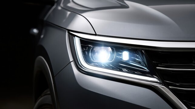 Modern car LED headlight with sharp daytime running lights and chrome accents