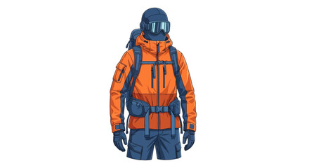 Winter explorer in orange and blue gear with backpack and goggles © Cantik