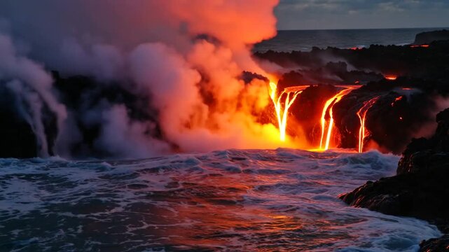 Lava Flowing Into Ocean at Dusk