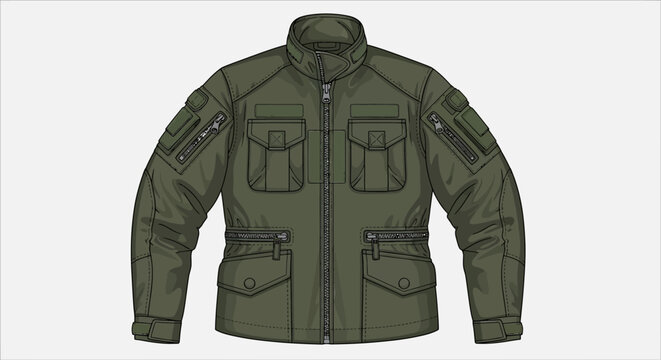 Green military style jacket with multiple pockets and zippers.
