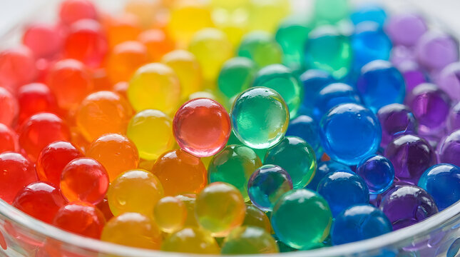 Rainbow colored water beads arranged in glass bowl
