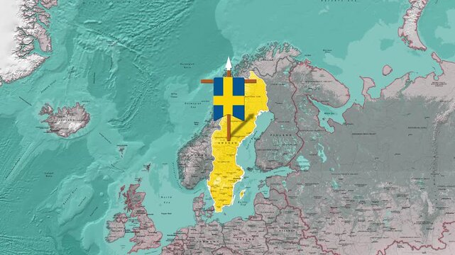 Sweden highlighted on a topographic map of Europe with its flag waving video animation