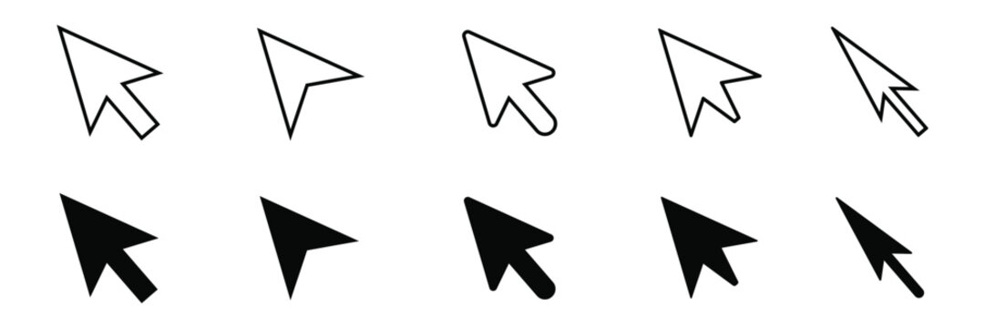 Set of computer mouse cursor pointer icons featuring various arrow shapes in outlined and solid black glyph styles for professional user interface design projects.