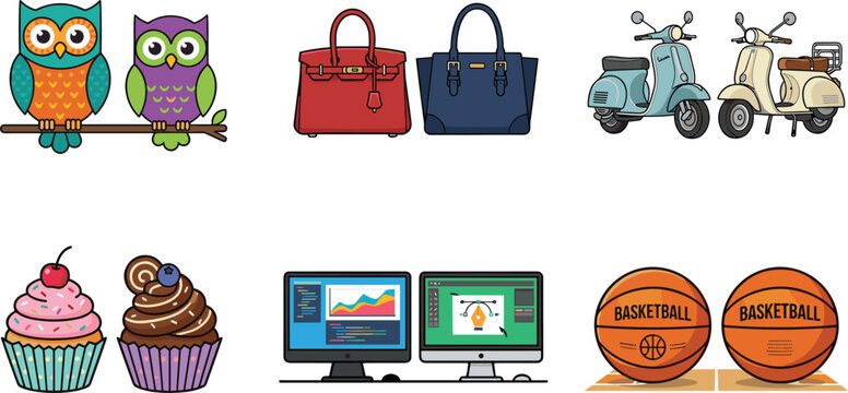 Vector Icon Set Featuring Cute Cartoon Owls, Luxury Leather Handbags, Vintage Motor Scooters, Sweet Frosted Cupcakes, Computer Design Workstations, and Texture Basketballs