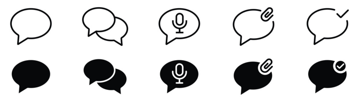 Set of chat bubble message icons including speech bubble microphone attachment and check mark symbols in outlined and solid black glyph designs for applications.