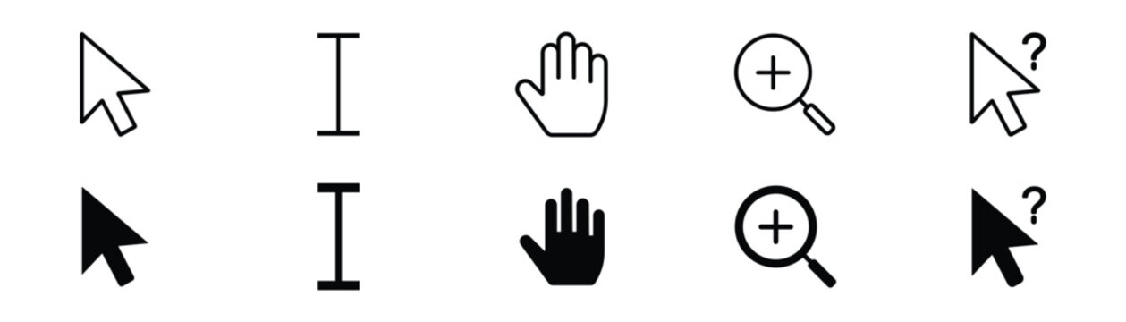 Set of black and outline cursor icons, various mouse pointers for user interface, interaction and navigation symbols.