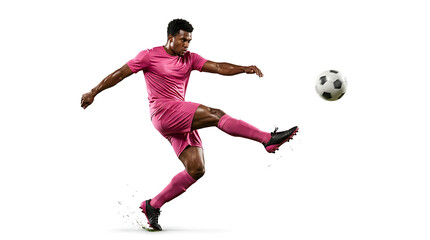 Naklejka premium Athletic Male Soccer Player Kicking Ball Isolated on White Background Full Body Shot