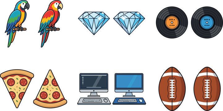 Vector Sticker Set Featuring Exotic Macaw Parrots, Brilliant Diamonds, Classic Vinyl Records, Pepperoni Pizza Slices, Dual Computer Workstations, and Rugged American Footballs