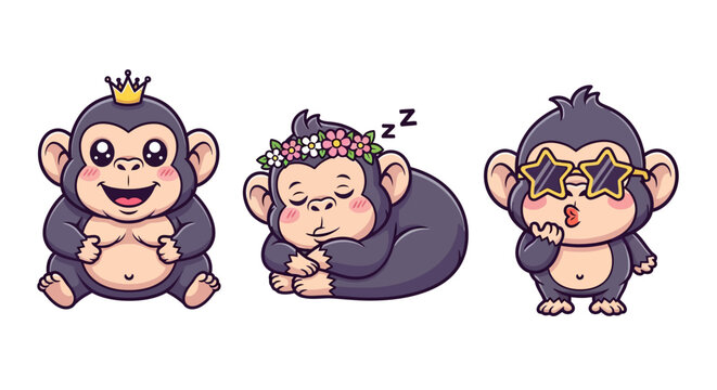 Three cartoon monkeys with different expressions and accessories.