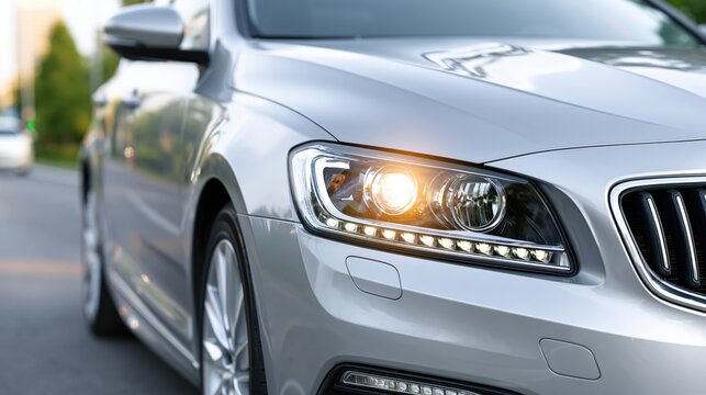 Close-up of a modern silver car's illuminated headlight and grille on the road