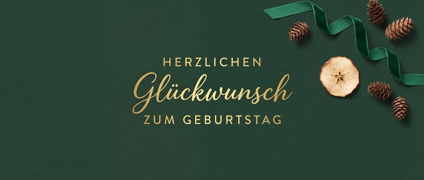 Geburtstagskarte Herzlichen Gl&uuml;ckwunsch zum Geburtstag in Gold auf gr&uuml;nem Hintergrund mit Tannenzapfen und Schleife als edle Gru&szlig;karte f&uuml;r festliche Gr&uuml;&szlig;e zur Winterzeit und Herbstzeit. Elegant Banner