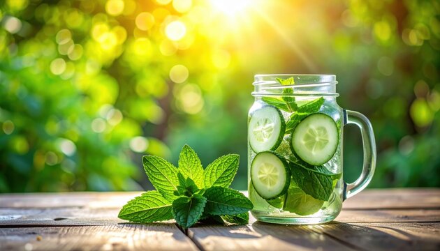Jar of infused cucumber mint water with fresh mint leaves and sunlight filtering through foliage